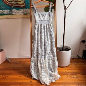 Rebecca Taylor Blue White Lace Maxi dress Lace up Back Size 2